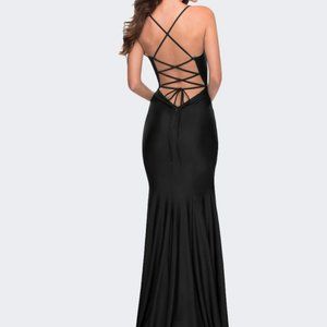 La Femme Black Strappy Back Jersey Gown